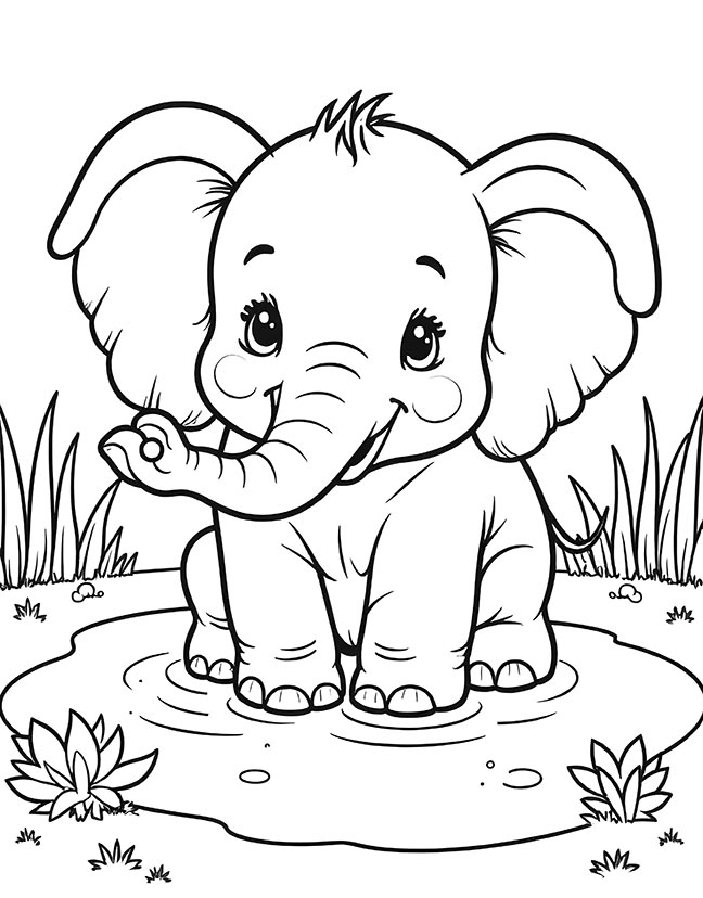 Cute elephant bathing in the pond coloring page